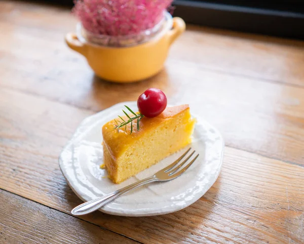 Orange Cake Cherry Wooden Table — Stock Photo, Image