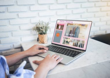 İnternetten alışveriş sitesi laptopta. Genç kadın elleri dizüstü bilgisayar kullanıyor..