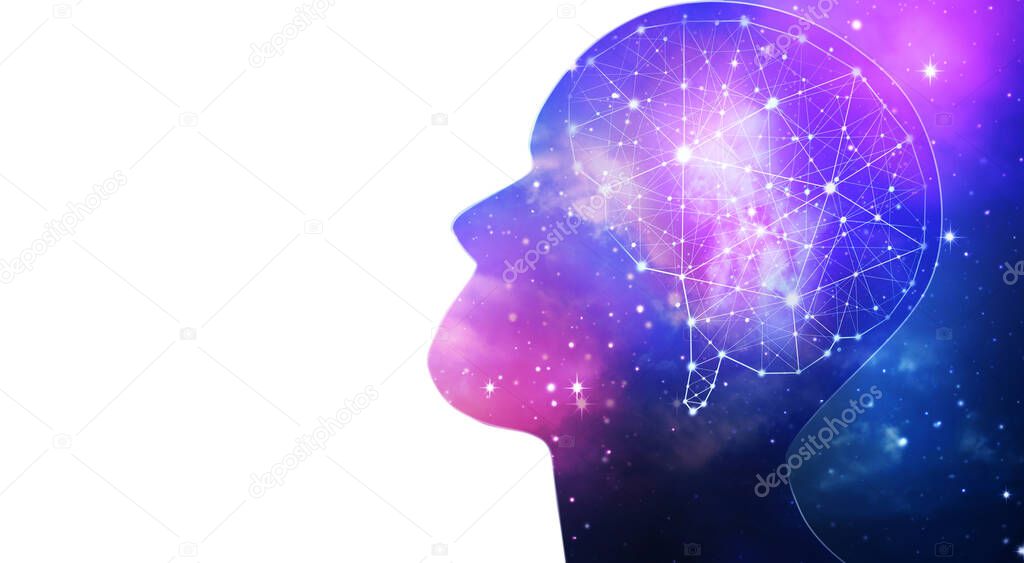Concept of human intelligence with human brain  inside the universe background.