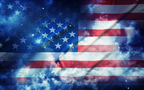 American flag with night sky background.
