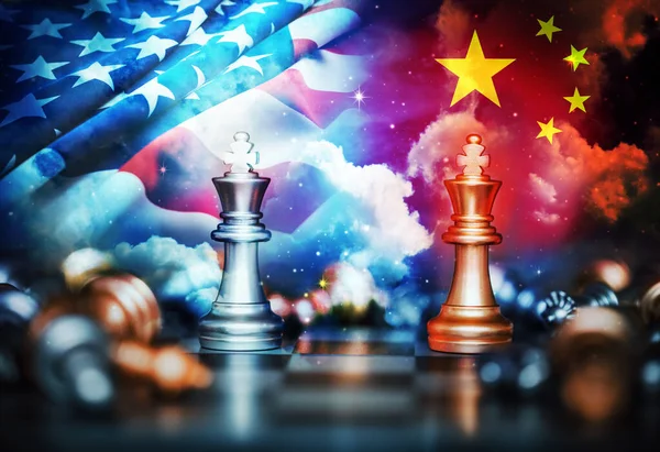 US America and China flags on chess pawns soldiers on a chessboard,Trade deal concept.USA and China trade war.