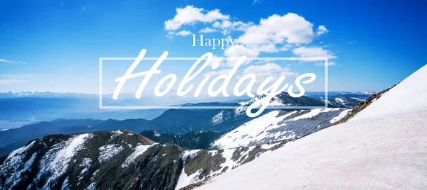 Happy Holidays Text Snow Mountain Background — Stock Photo, Image