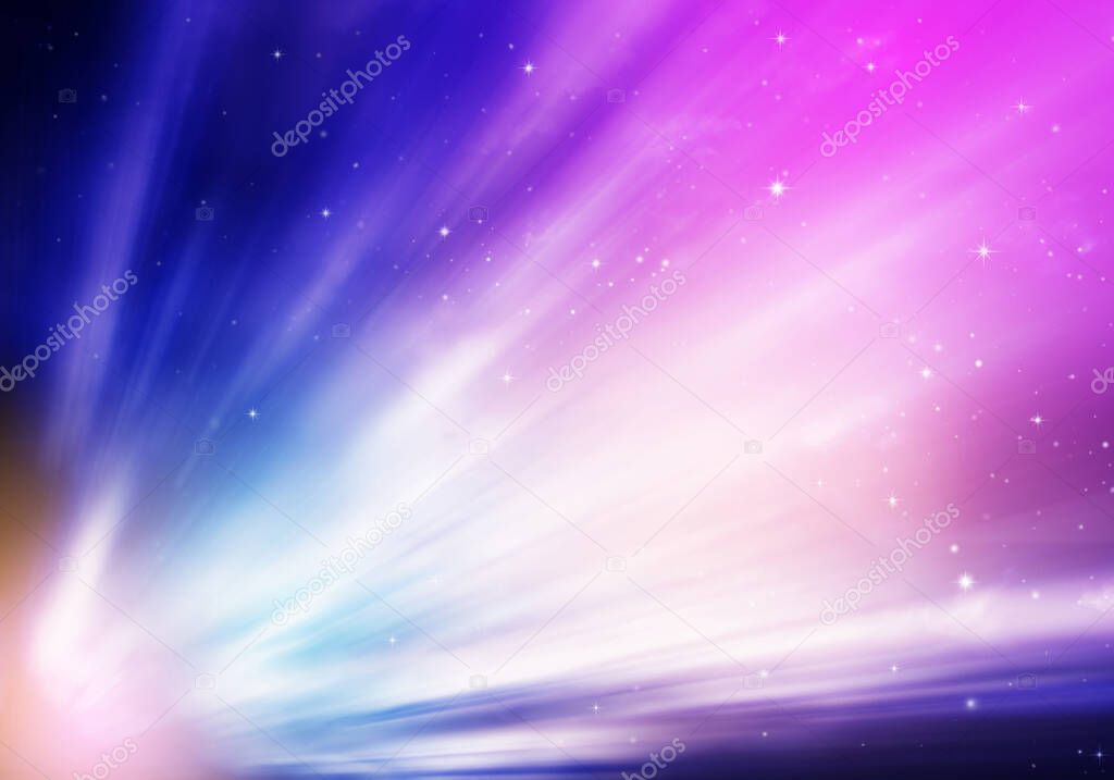 Abstract purple background, Beautiful rays of light with stars.