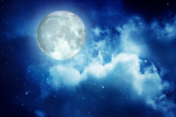 Full moon with night sky in the clouds ,Elements of this image furnished by NASA