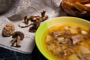Yeşil plaka, kurutulmuş yabani mantar ve sepet mantar çorbası