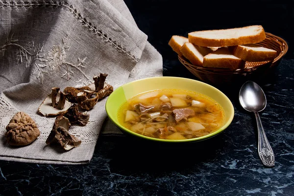 Zuppa di funghi in piatto verde con cucchiaio di metallo, funghi selvatici secchi — Foto Stock