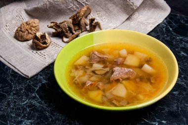 Yeşil plaka, mantar çorbası ile kompozisyon kurutulmuş vahşi mushro