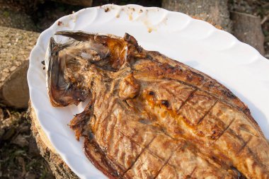 Bir açık alev g pişmiş sos ile taze balık görünümünü kapat