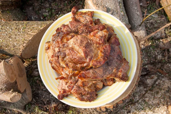 Bifes de porco suculentos cozidos em uma grelha de chama aberta no pla branco grande — Fotografia de Stock