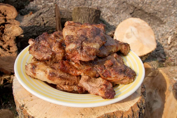 Succose bistecche di maiale cotte su una griglia a fiamma aperta su una grande pla bianca — Foto Stock