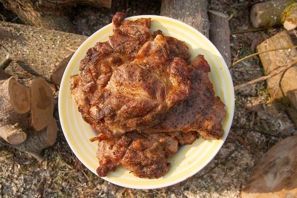 Büyük beyaz pla üzerinde bir açık alev ızgarada pişmiş sulu domuz eti biftek — Stok fotoğraf