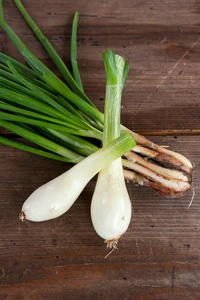 Taze soğan, vintage ahşap arka plan üzerinde hasat sebzeler