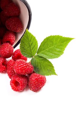 Olgun Ahududu ve yeşil yaprak üzerinde beyaz izole ile beyaz fincan