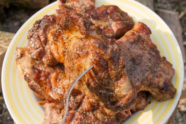 Zblízka pohled šťavnatý Vepřový steak na vidličku na otevřené flam — Stock fotografie