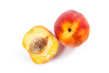 Olgun şeftali meyve ve üzerinde beyaz adam izole yarım