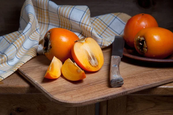 Composition Ripe Delicious Whole Persimmon Fruits Half Sliced Fruit Ready — Stock Photo, Image