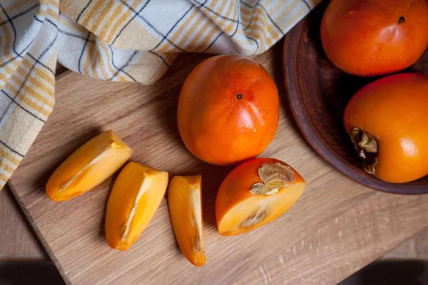 Composition Ripe Delicious Whole Persimmon Fruits Half Sliced Fruit Ready — Stock Photo, Image