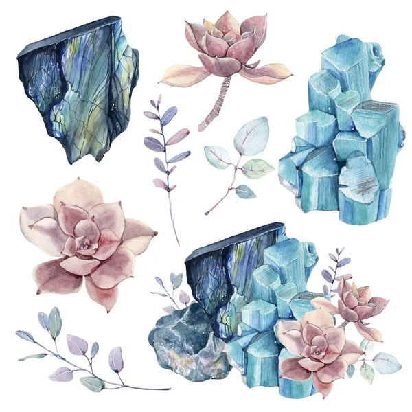 Watercolor set with gemstones and succulents.