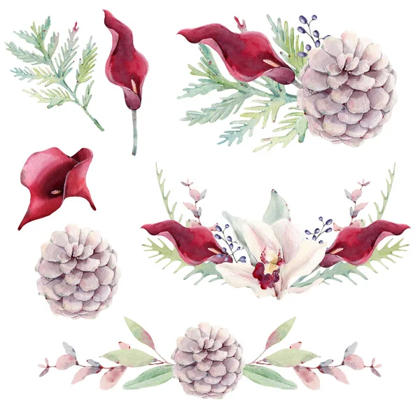 Handpainted watercolor flowers set in vintage style. — 스톡 사진