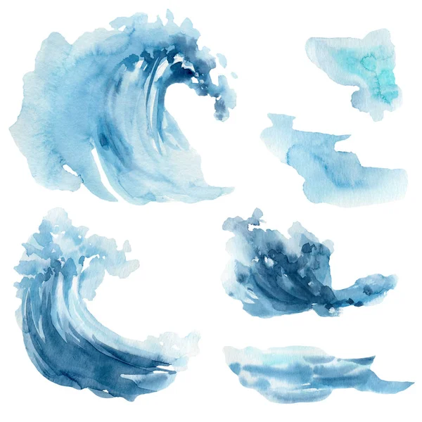 Vintage Watercolor Set Abstract Sea Waves White Background — Stock Photo, Image