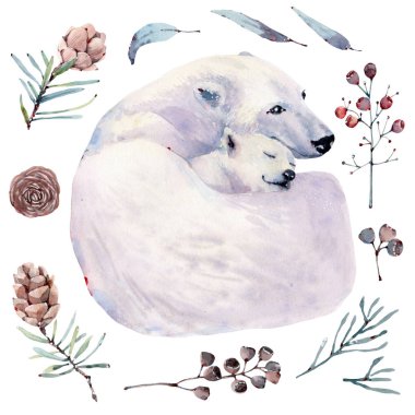 watercolor illustration with polar bears.  clipart