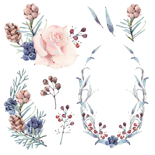 Watercolor flowers set in vintage style. — Stock Photo, Image