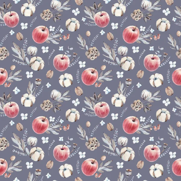 Handgezeichnete Äpfel Und Baumwollblumen Mit Nahtlosem Muster Ist Perfekt Für — Stockfoto