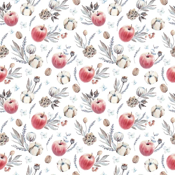 Las Manzanas Dibujadas Mano Las Flores Algodón Sin Costuras Perfecto — Foto de Stock
