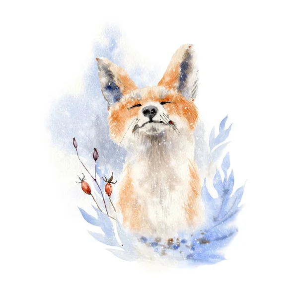 Liščí Ilustrace Akvarelů Ideální Pro Tisk Vánoce Novoroční Přání — Stock fotografie