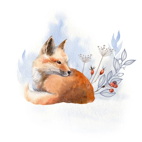 水彩画狐狸图解 适用于印刷 圣诞及新年贺卡 — 图库照片