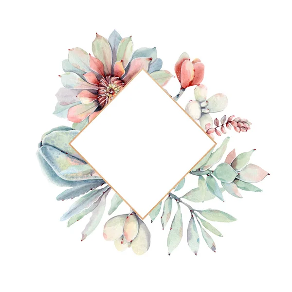 watercolor cactuses circle frame. Perfect for invitation, wedding or greeting cards.