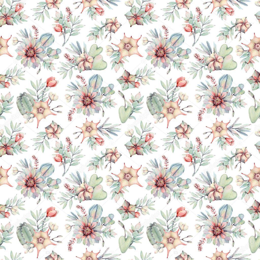 watercolor succulents seamless pattern. Watercolour decoration pattern. Vintage watecolour background. Perfect for wallpaper, fabric design, wrapping paper, digital paper.