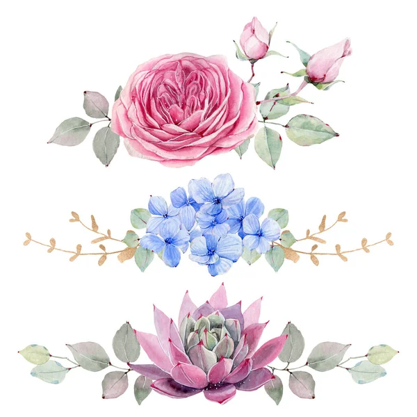 Пофарбовані Вручну Акварельні Квіти Встановлені Вінтажному Стилі Ідеально Підходить Вітальних — стокове фото