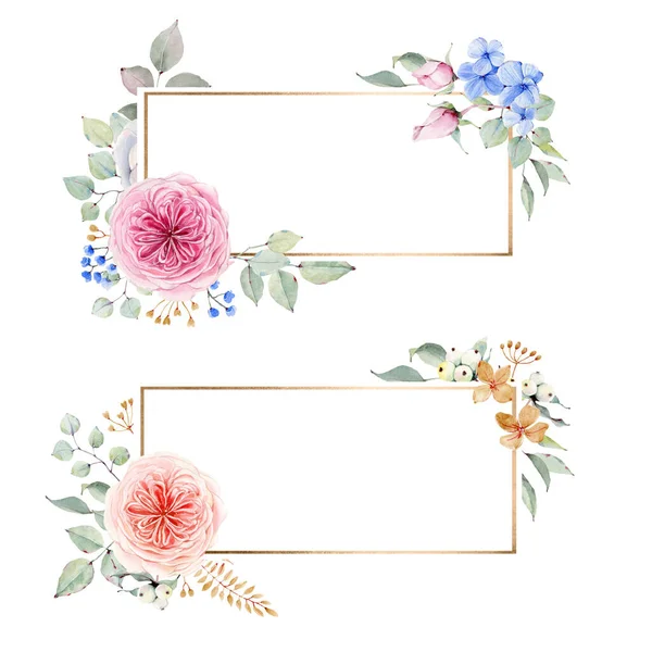 Watercolor Flower Rectangular Frame Perfect Invitation Wedding Greeting Cards — Stock Photo, Image