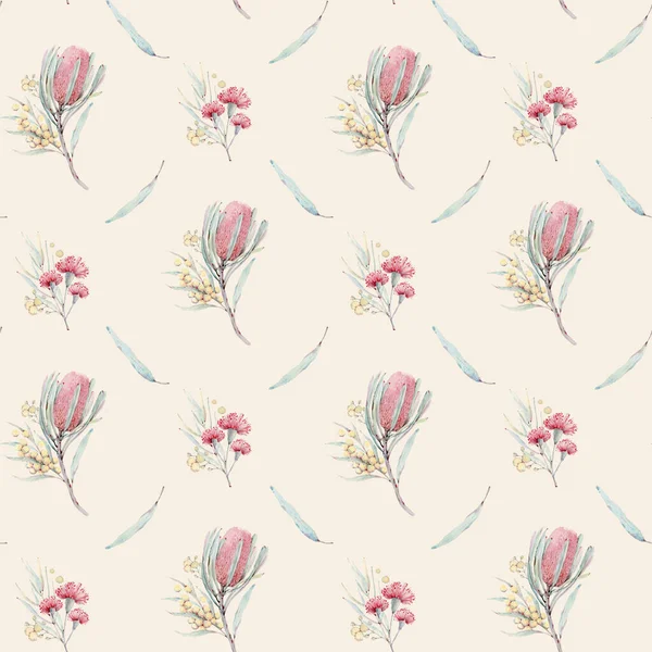 Aquarelle Australienne Fleurs Motif Sans Couture Fond Watecolore Vintage Parfait — Photo