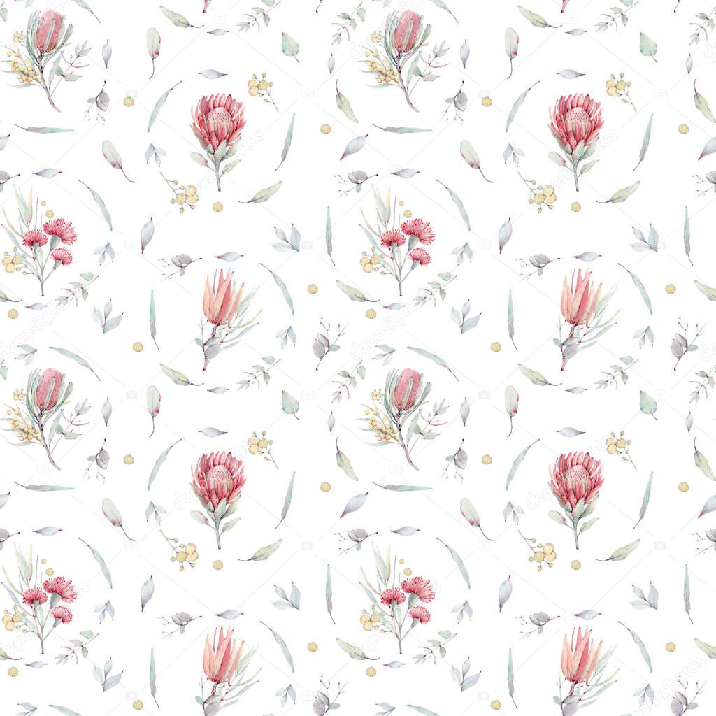 watercolor australian flowers seamless pattern. Vintage watecolour background. Perfect for wallpaper, fabric design, wrapping paper, digital paper.