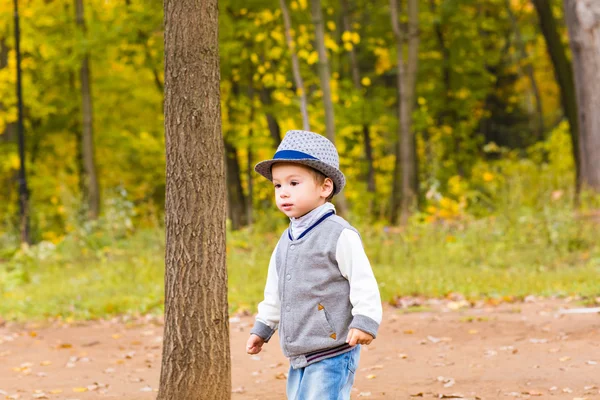 Kis baby boy színes őszi park séta — Stock Fotó