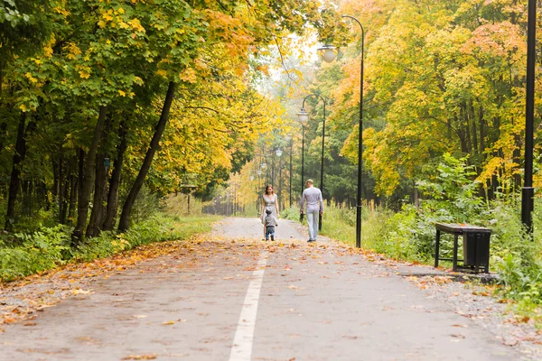 Jovem família caminhando no parque um dia de outono — Fotografia de Stock