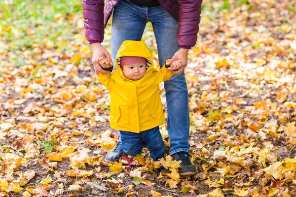 Kleinkind hält an einem Herbsttag Händchen mit seinem Vater draußen — Stockfoto