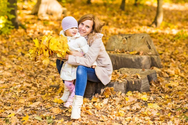 Мать и ребенок играют в осеннем парке — стоковое фото