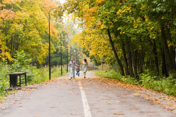 Jovem família feliz andando pela estrada fora em natureza verde . — Fotografia de Stock