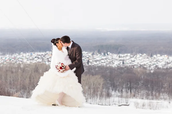 Winterhochzeit. schönes junges Paar Braut und Bräutigam — Stockfoto