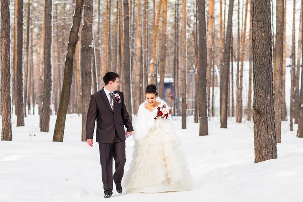 Téli esküvő. Gyönyörű fiatal pár, menyasszony és vőlegény — Stock Fotó