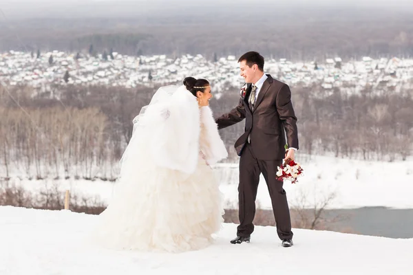 Braut und Bräutigam im Winterfrost mit Schnee — Stockfoto