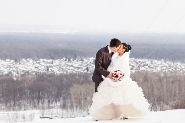 romantik mutlu gelin ve damat kış düğün gününde kiss