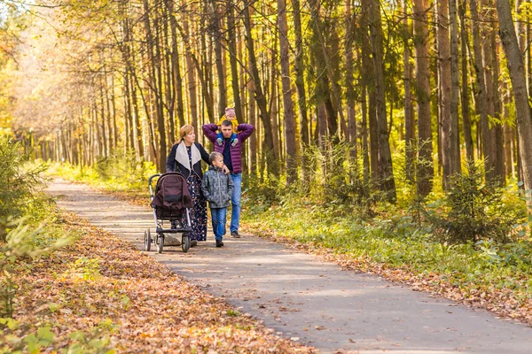 İki çocuklu aile sonbahar Park'ta yürüyordunuz