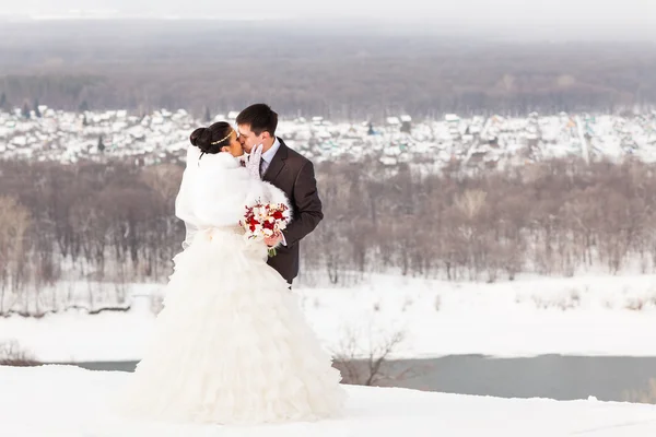 Matrimonio invernale. Bella giovane coppia sposa e sposo — Foto Stock