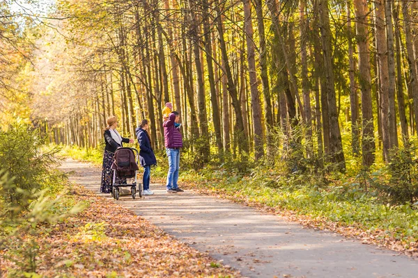 Glückliche junge Familie, die draußen in der herbstlichen Natur spazieren geht. — Stockfoto