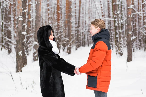 Jeune couple amoureux se tenant la main en plein air en hiver — Photo