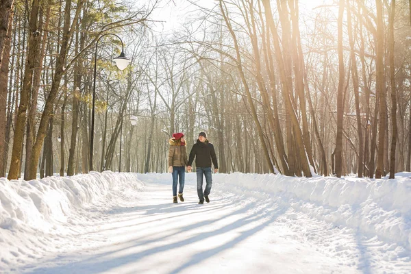 Jovem casal apaixonado andando na floresta nevada — Fotografia de Stock